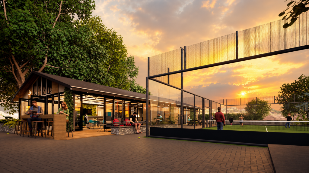 The clubhouse and padel courts at Virgin Active Padel Club Lourensford at sunset