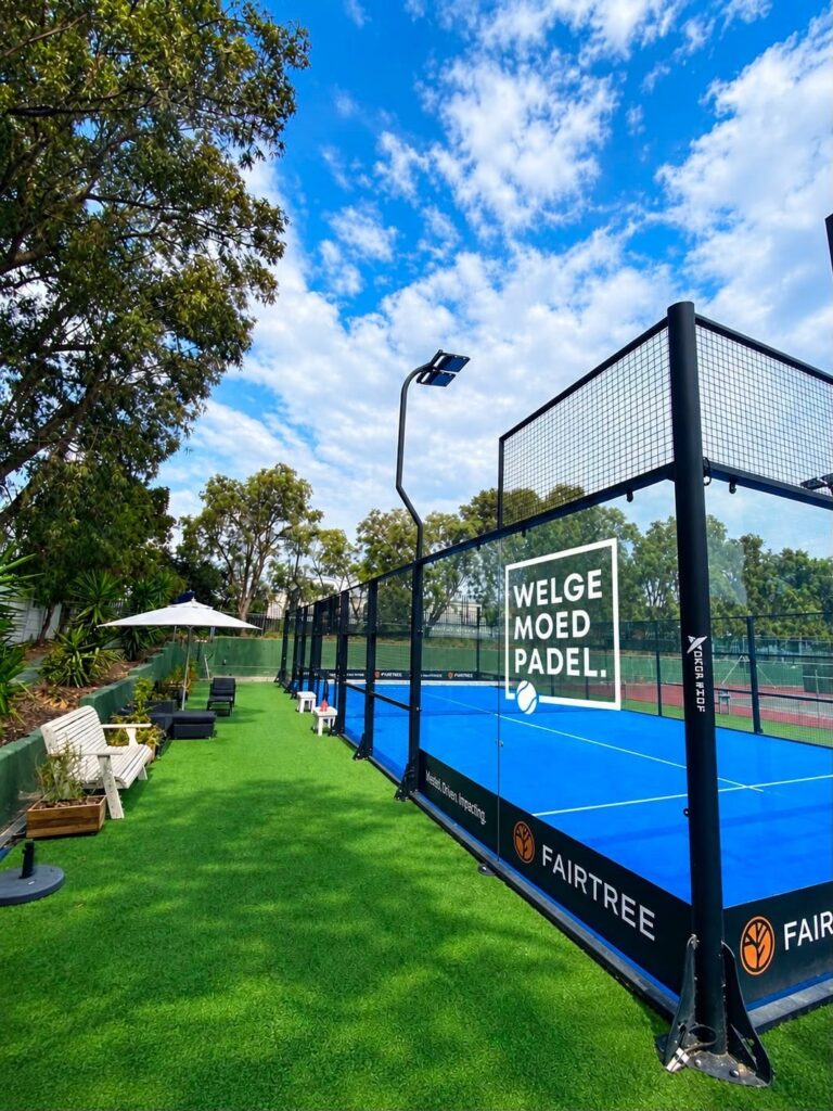 Welgemoed Padel court with the shaded lounge and seating alongside