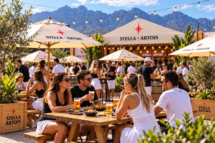 Concept image of supporters at wooden picnic benches under umbrellas in the Finals Weekend beer garden