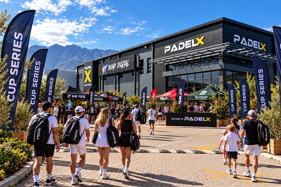 Concept image of supporters walking up the driveway off Pacific Close to Padel X, lined with Cup Series flags