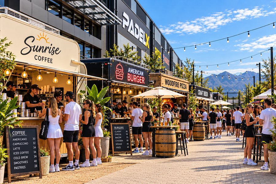 Concept image of supporters ordering at the coffee and burger trucks along the side of Padel X