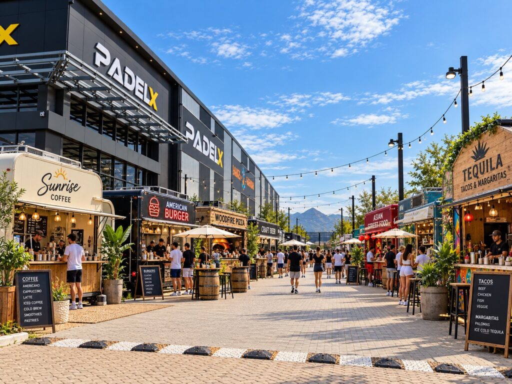 Concept image of food and drink trucks lined up along the side of the Padel X building at Finals Weekend