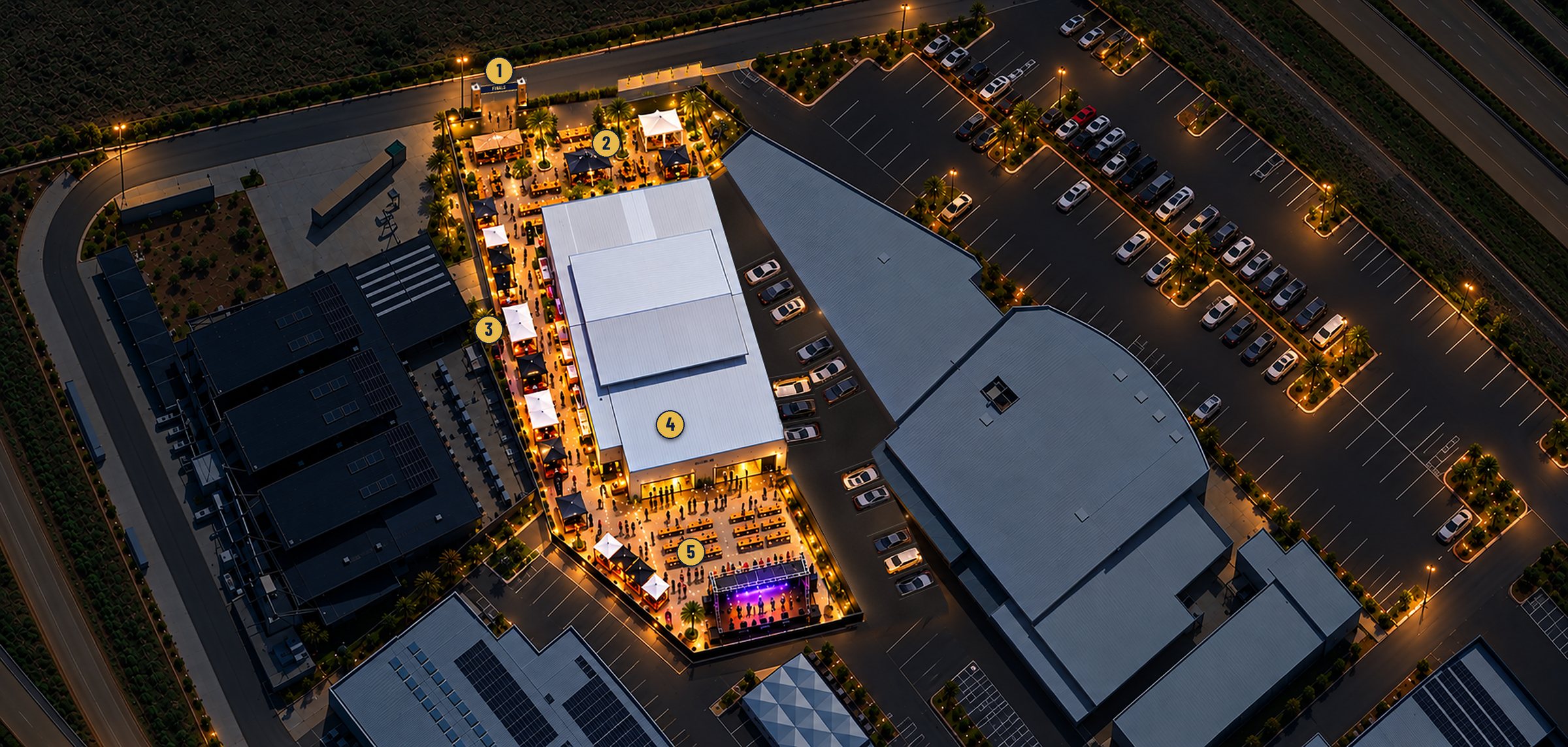 Concept aerial view of Padel X laid out for Finals Weekend, with numbered zones: 1 entrance, 2 sponsor activations, 3 vendors, 4 Roar Around play park, 5 beer garden and stage