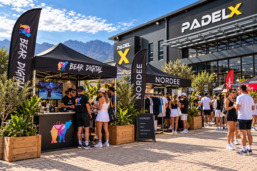 Concept image of the Bear Digital and Nordee sponsor gazebos in the front garden at Padel X on Finals Weekend