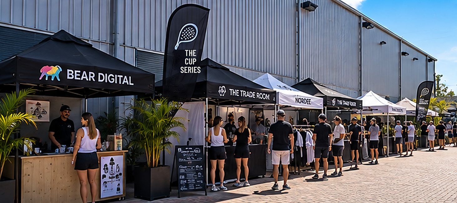 Concept image of vendor and sponsor gazebos lined up along the building at Padel X
