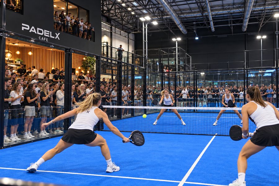 Concept image of supporters watching a women’s final on the indoor courts at Padel X