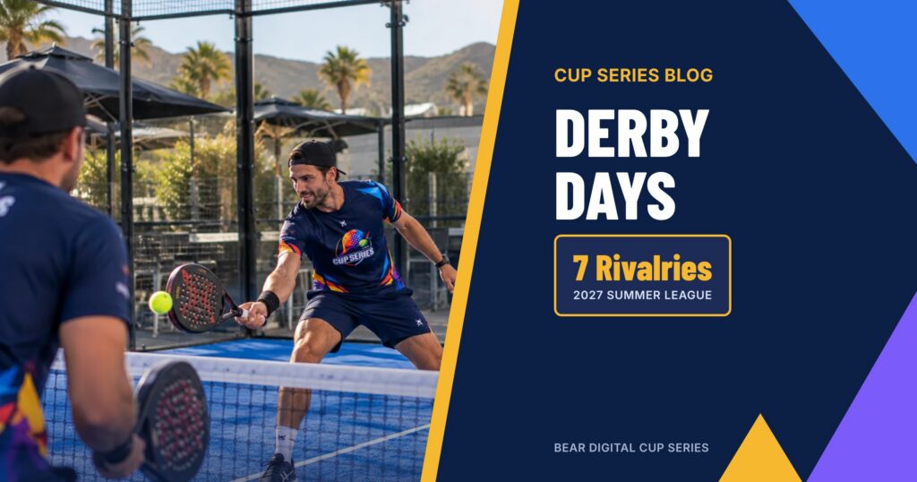 Two padel players in Cup Series kits head to head at the net
